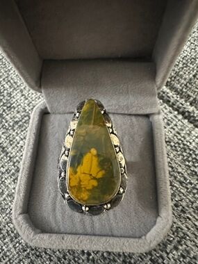 Yellow-Green Teardrop Cherry Creek Jasper Statement Ring - Size 10